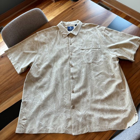 Caribbean Joe Hawaiian Button Up Shirt L 100% Silk Khaki Tropical Print XXL - Picture 5 of 11